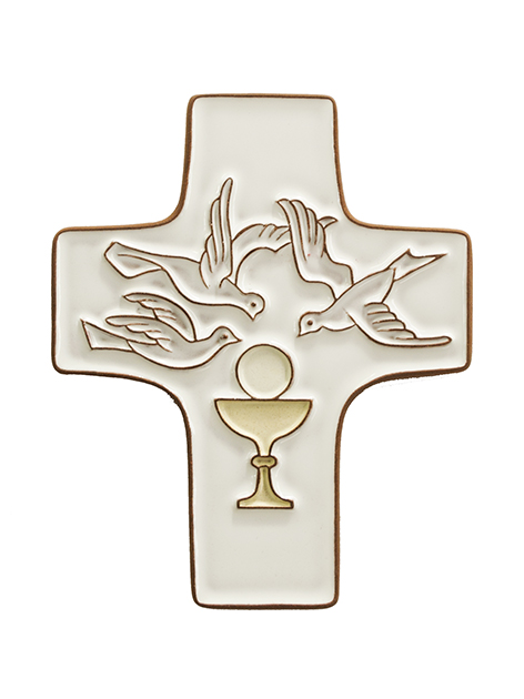 Ceramic cross - Calice & 3 colombs - White (95x120mm)