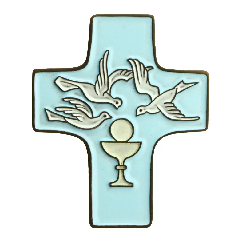 Croix  céramique - Calice & 3 colombes - bleu ciel (95x120mm)