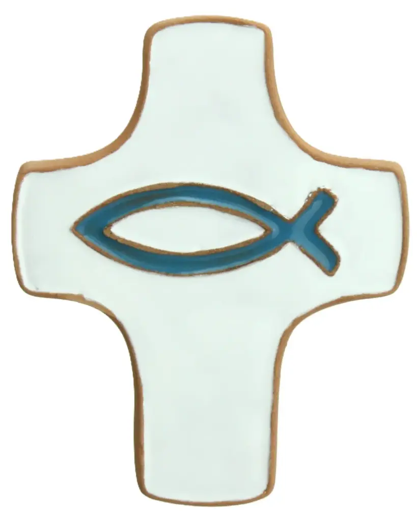 Keramik Kreuz - Ichtus - Weiss/Blau (75x90mm)