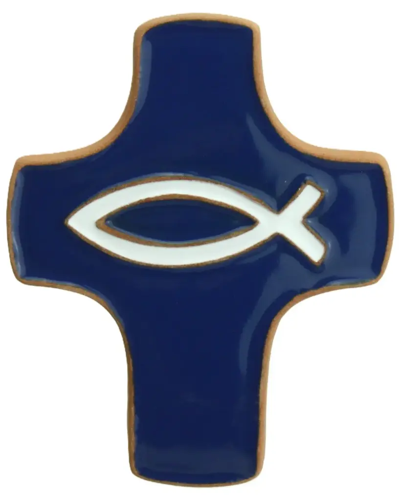 Keramik Kreuz - Ichtus - Dunkelblau/Weiss (75x90mm)