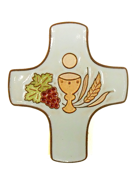 Keramik Kreuz - Kelch & 3 Symbole - Blau (75x90mm)