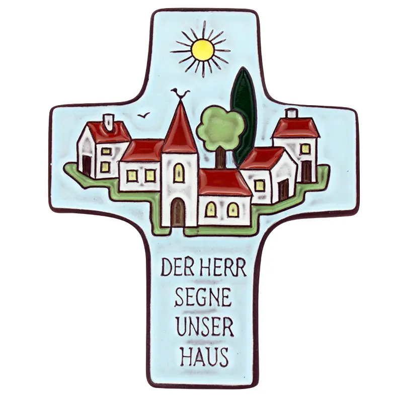 Kruisbeeld 'Der Herr segne unser Ha us' - keramiek/lichtblauw - 9,5x11cm
