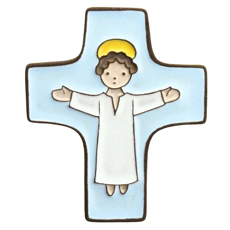 Kruisbeeld keramiek - Christus - lichtblauw (75x90mm)