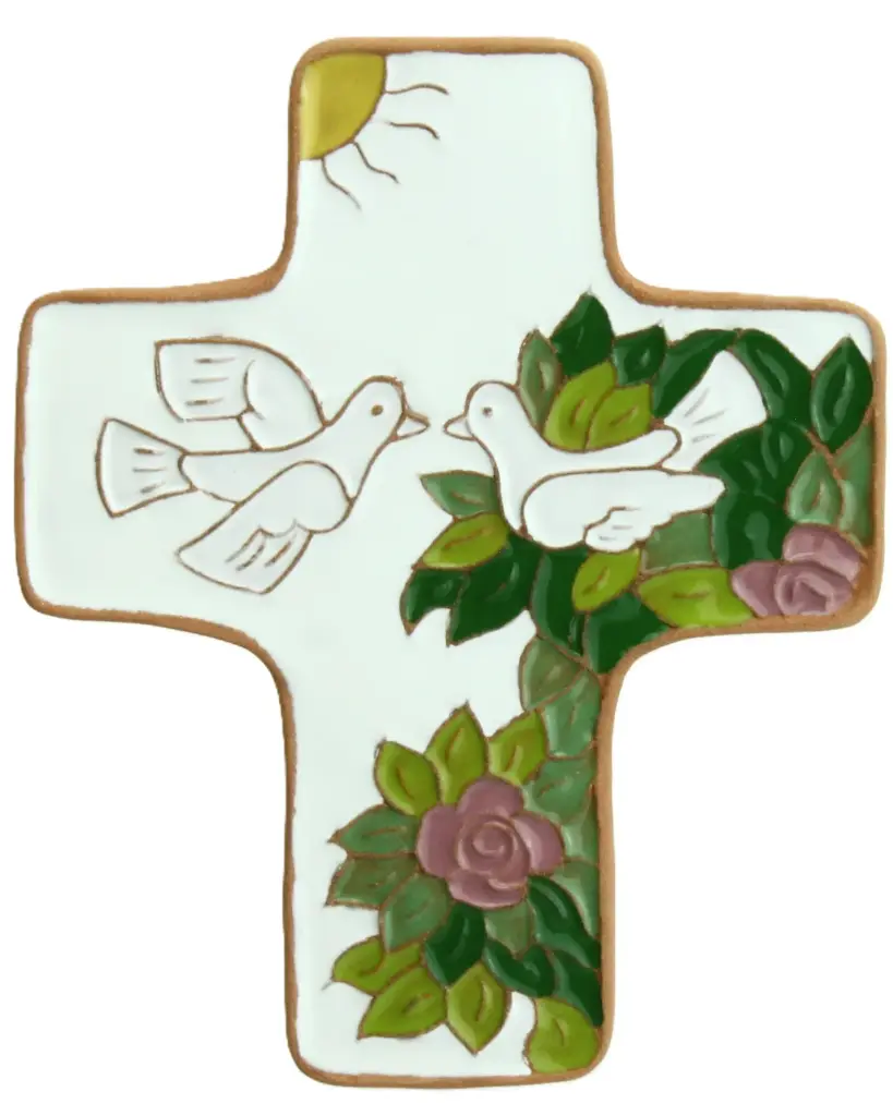 Ceramic cross - 2 pigeons - White (95x120mm)
