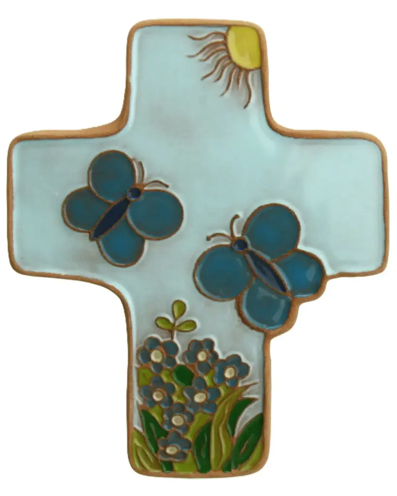 Kruisbeeld keramiek - Vlinders - lichtblauw (95x120mm)