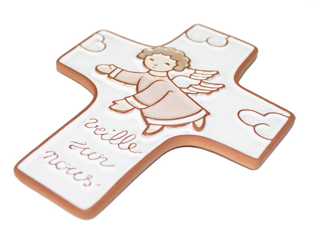 Ceramic cross - 'Veille sur nous' - Pink (95x120mm)