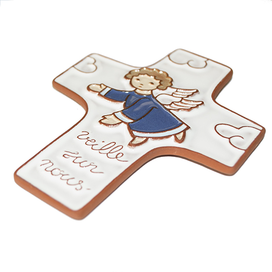 Croix  céramique - 'Veille sur nous' - bleu foncée (95x120mm)