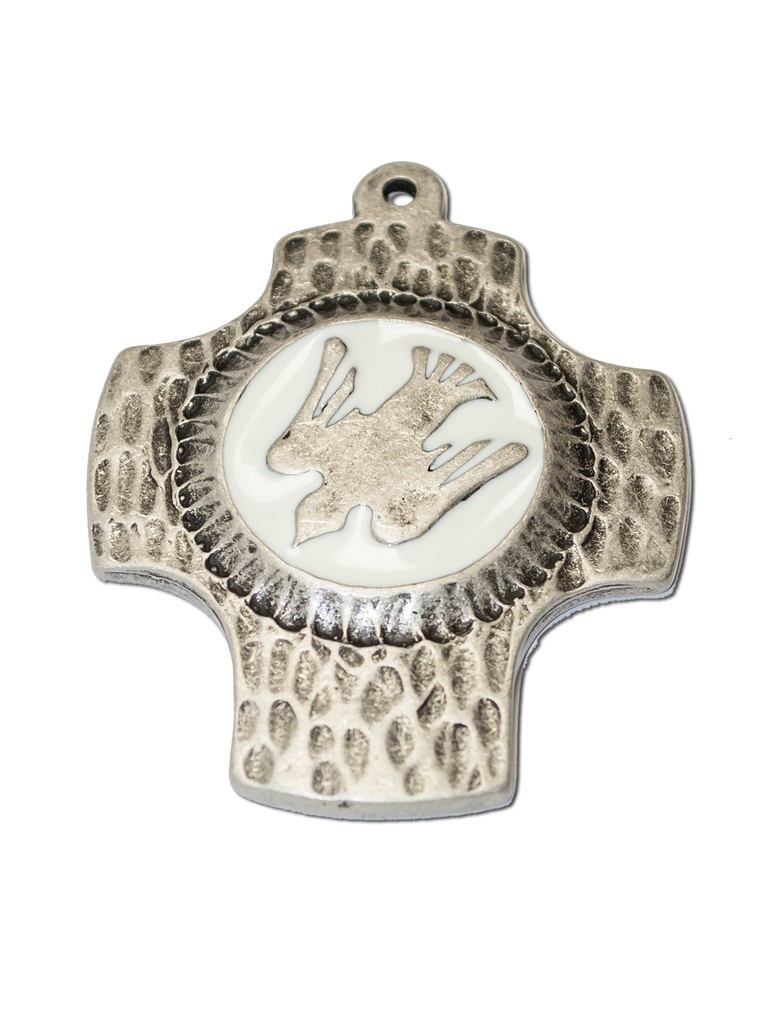 Croix murale métale - Colombe/émaille blanche (65x75mm)