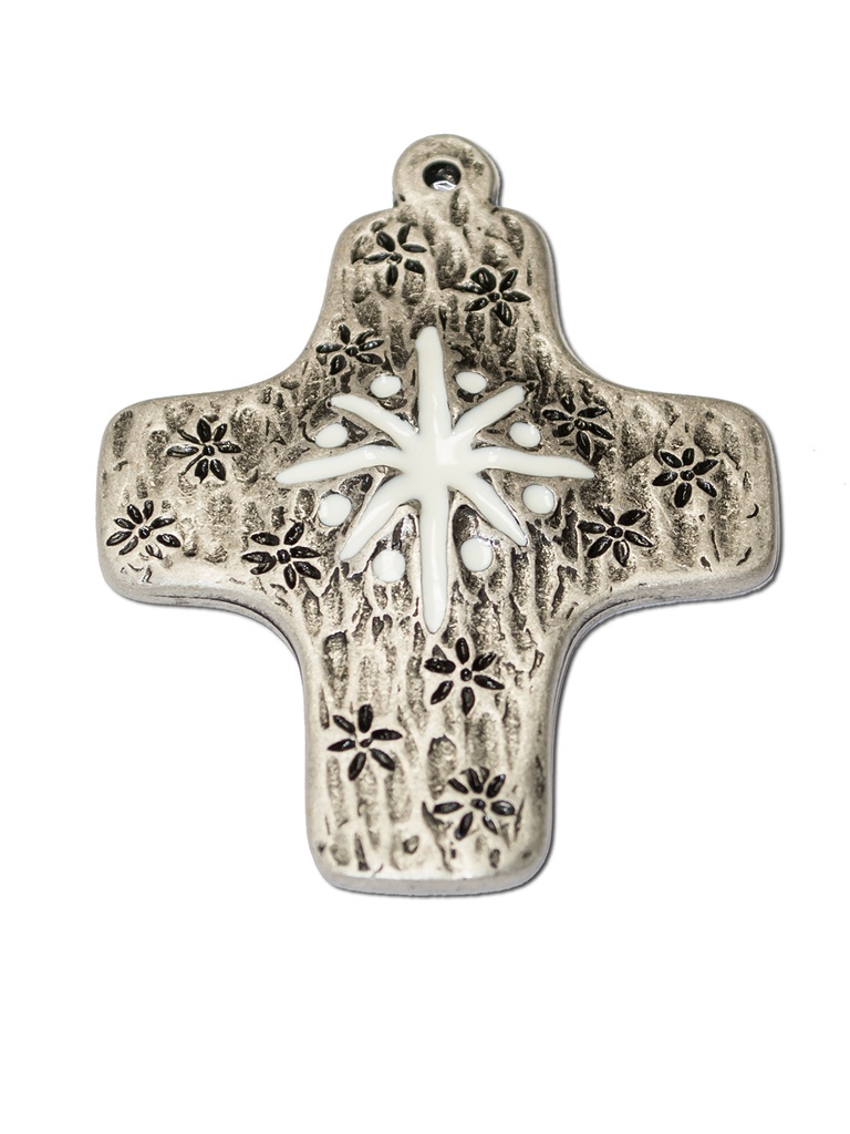 Croix murale métale - Etoile/émaille blanche (65x80mm)