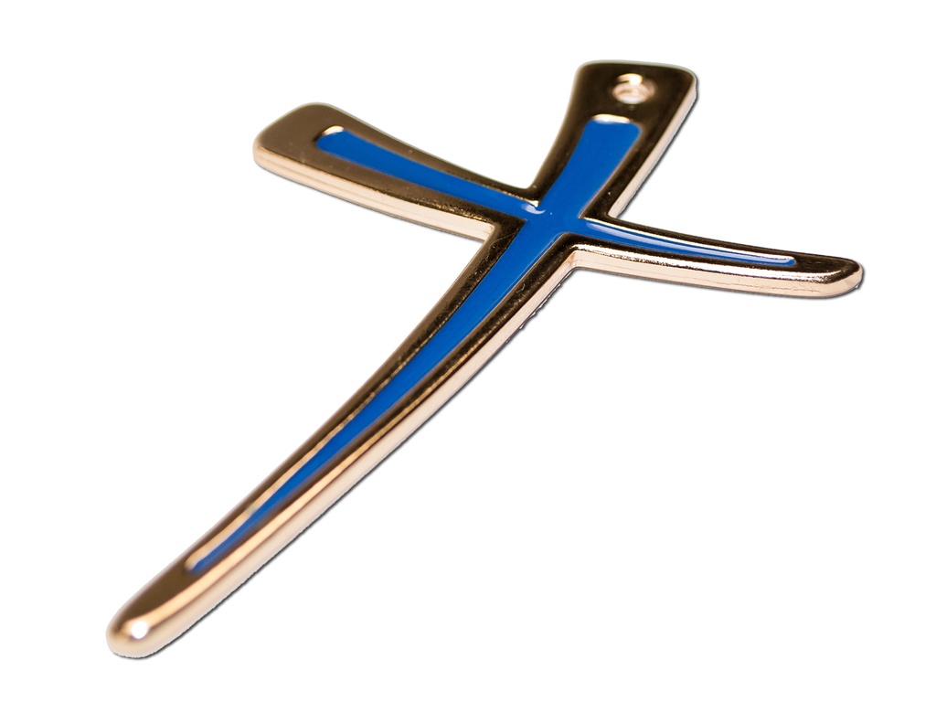 Croix murale métale/doré - émaille bleu (70x100mm)