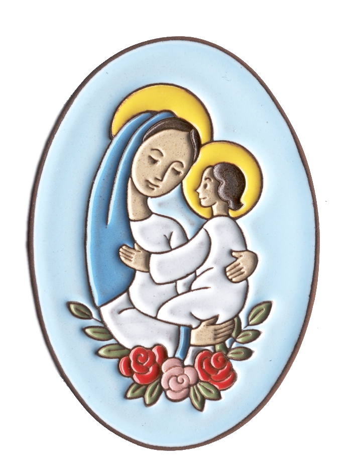 Plaque céramique  Vierge & enfant/blanc - 10,5x7,5cm