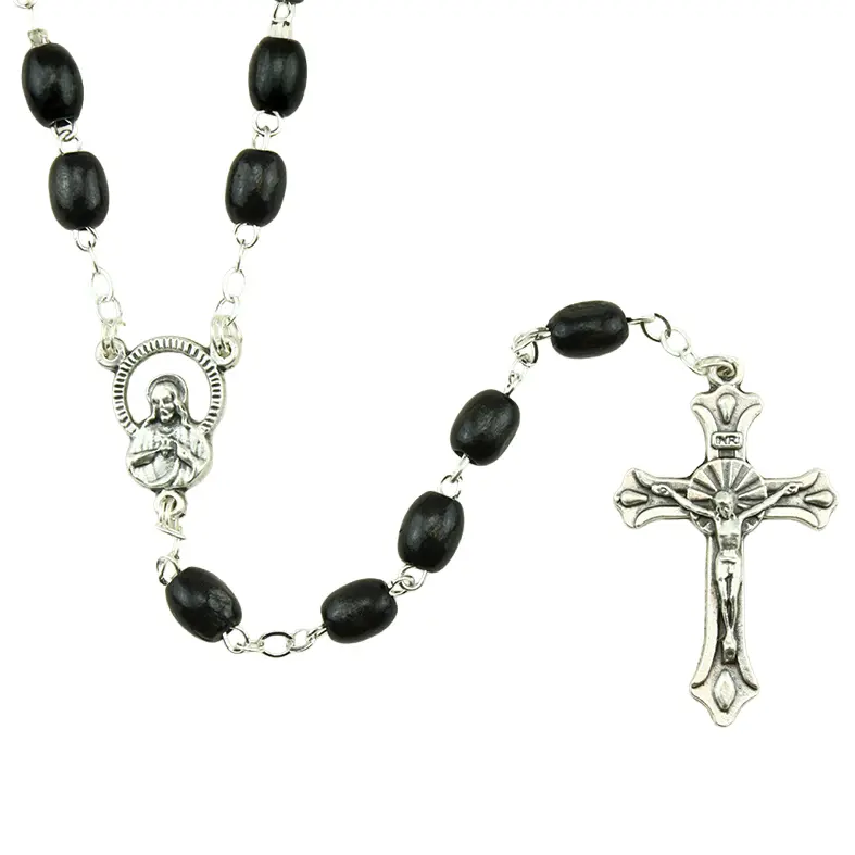 Chapelet - perles en bois/chaîne - noir (8x6mm)