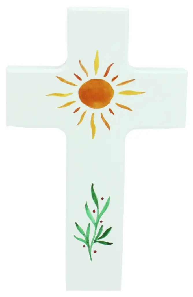Croix en bois/blanche - Soleil/herbe (90x150mm)