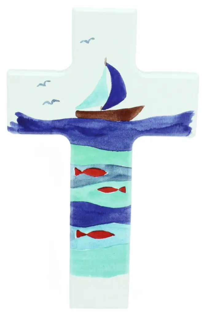 Kruisbeeld hout/wit - Schip/vissen (90x150mm)