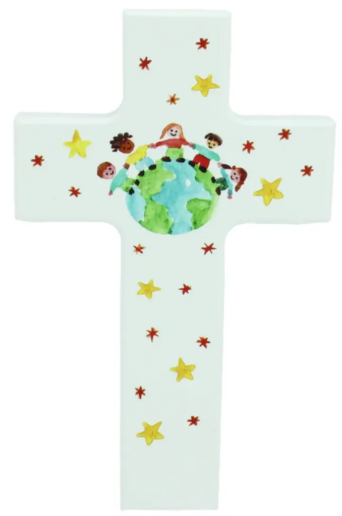 Kruisbeeld hout/wit - Kinderen vd Wereld (90x150mm)