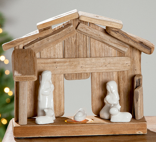 Etable en bois/Lumineux - Ste Famille + animaux - 29x29x13cm