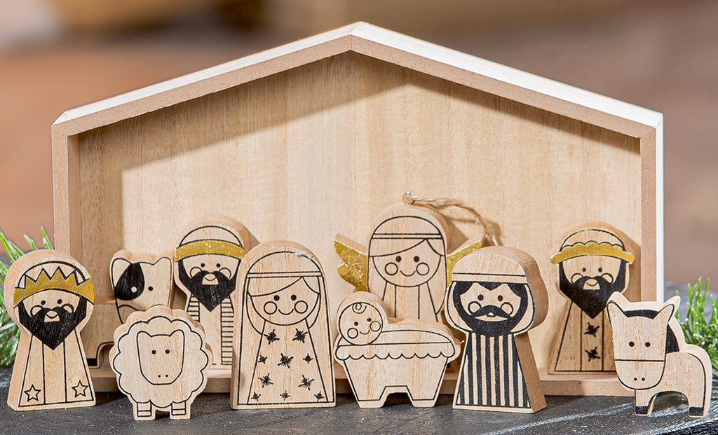 Cabane en bois avec 11 personnages - 14x24x4cm