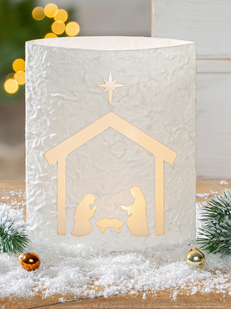 Bougeoir LED - Motif Nativité assorti - papier/crème - H=16cm