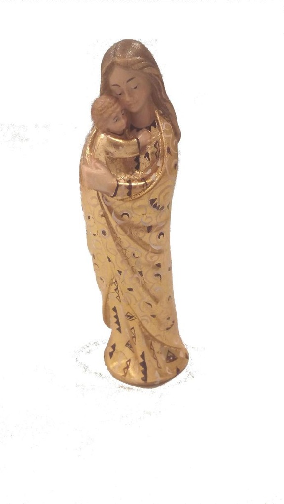 Beeld Onze Lieve Vrouw & kind/modern - houtsnijwerk/bladgoud+handgeschilderd (15cm)