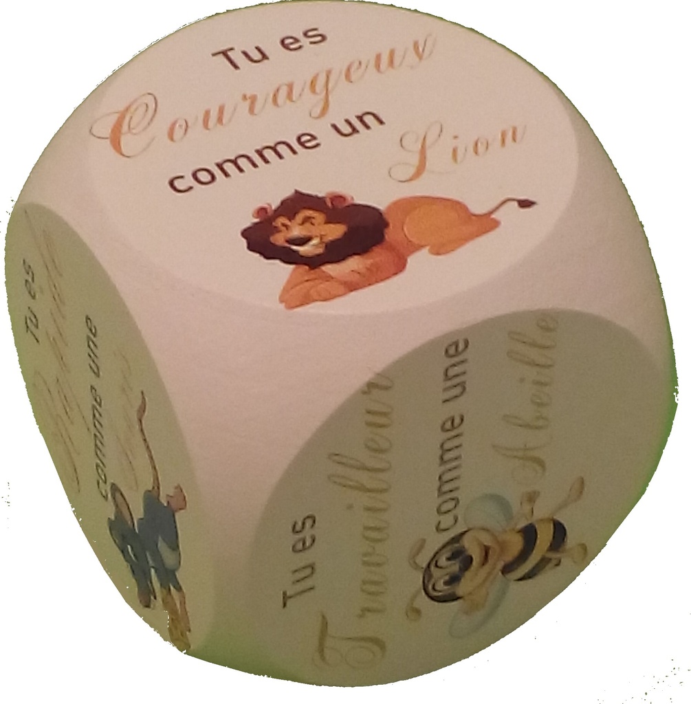 Dobbelsteen 'Aanmoediging'/Frans - wit/49mm/dieren