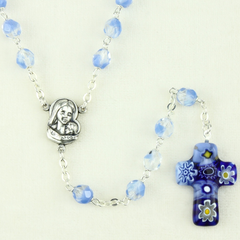 Rosary glass/chain - Cross Murano - blu