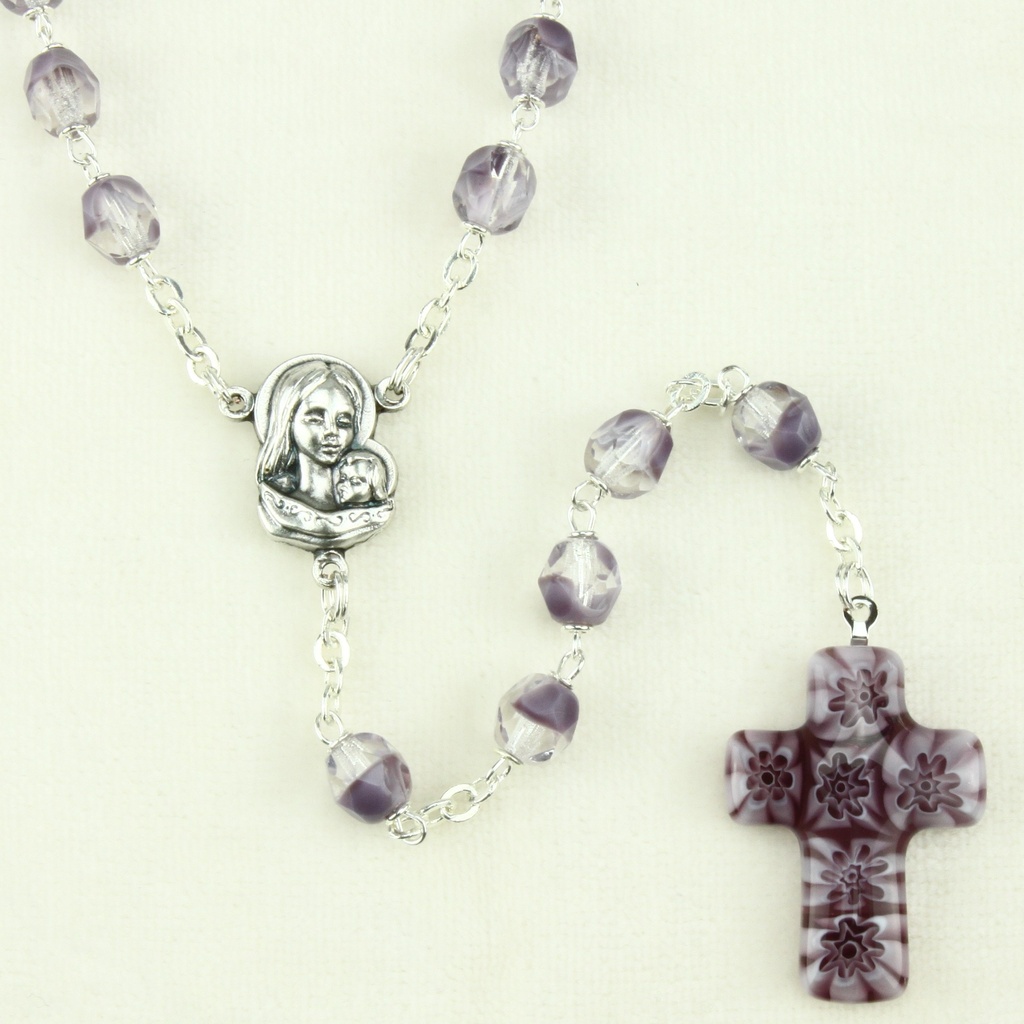 Glas Rosenkranz auf Kette/ Kreuz Murano - ametiste