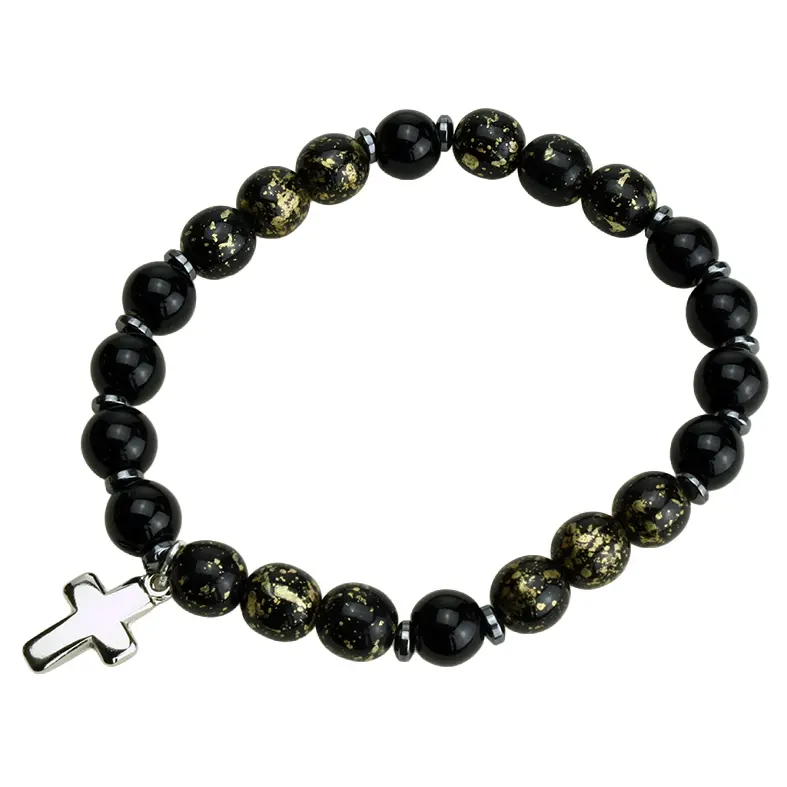 Armband - elastisch/Kreuz/Glasperle - Schwarz/Gold