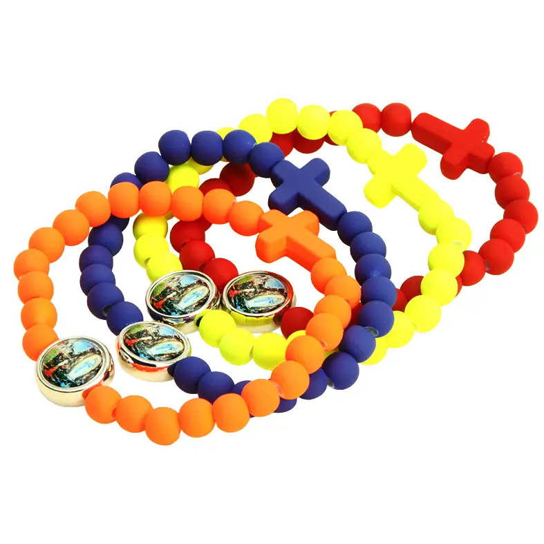 Armband - elastisch/hout - kleuren assorti - OLV Lourdes