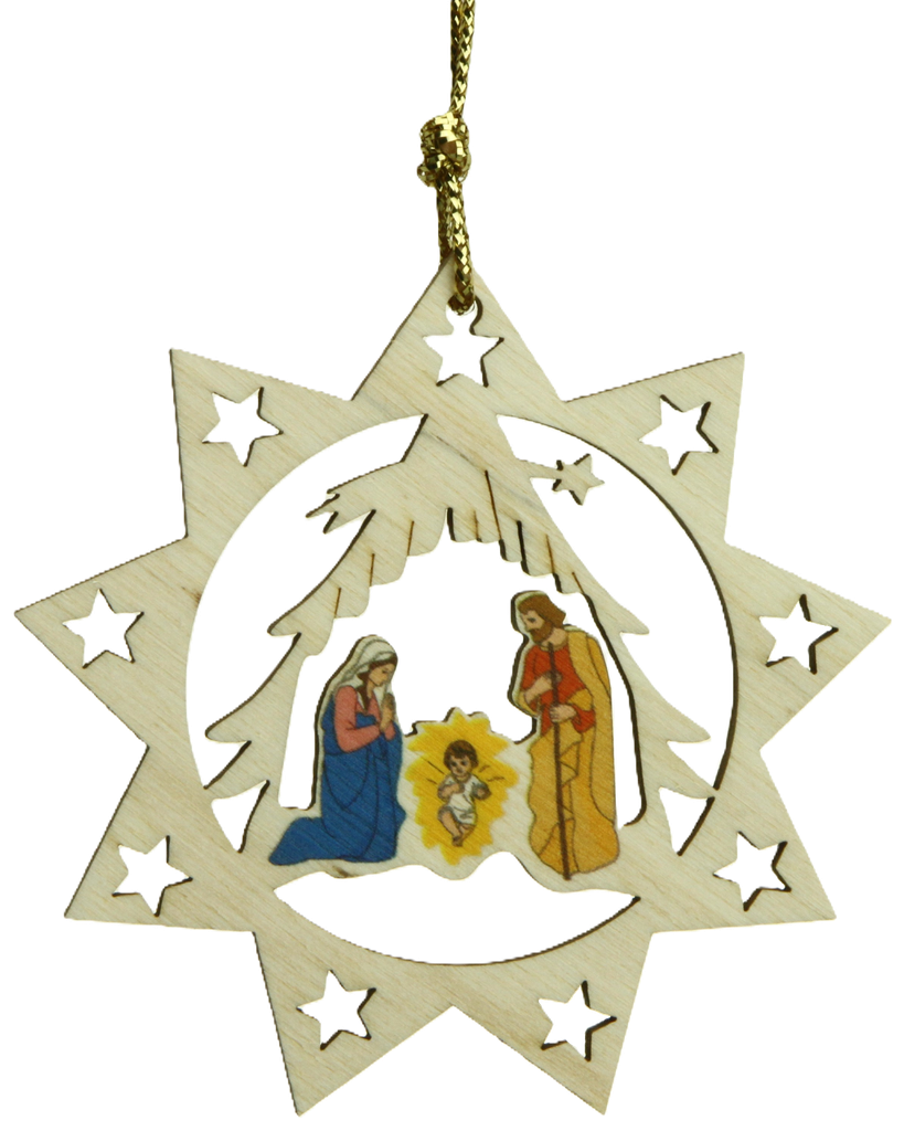 Pendentif sapin bois - Etoile/Ste Famille couleur (80mm)