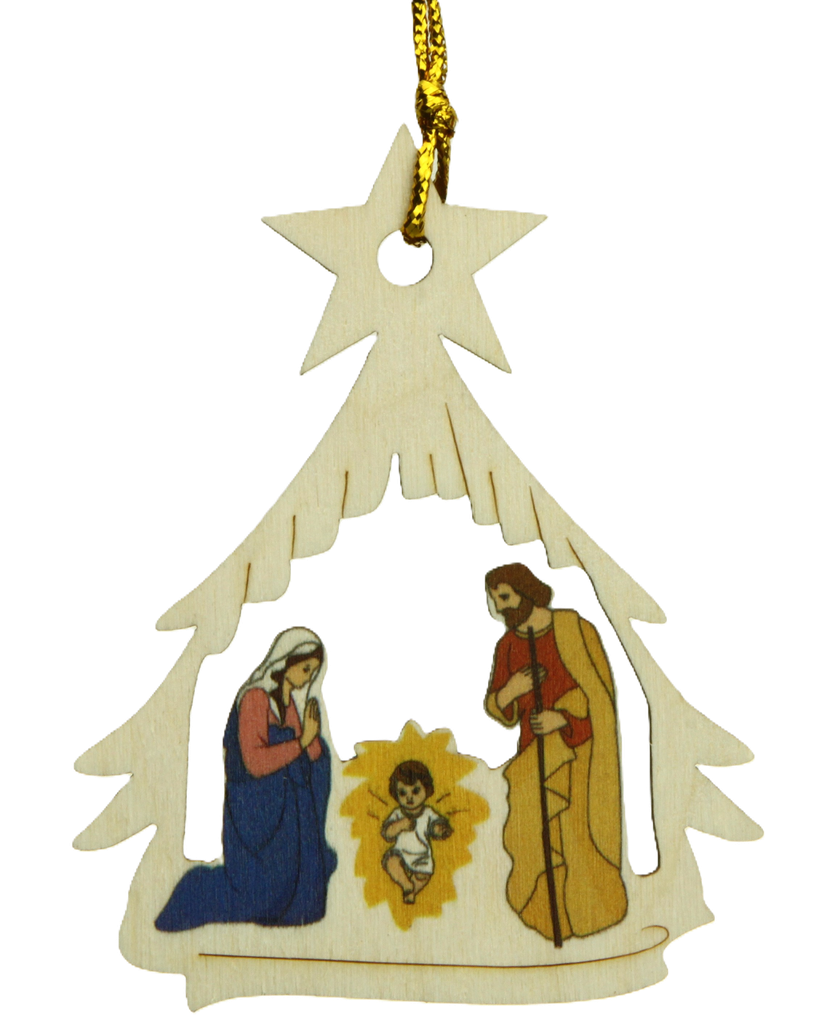 Pendentif sapin bois - Sapin/Ste Famille couleur (65x85mm)