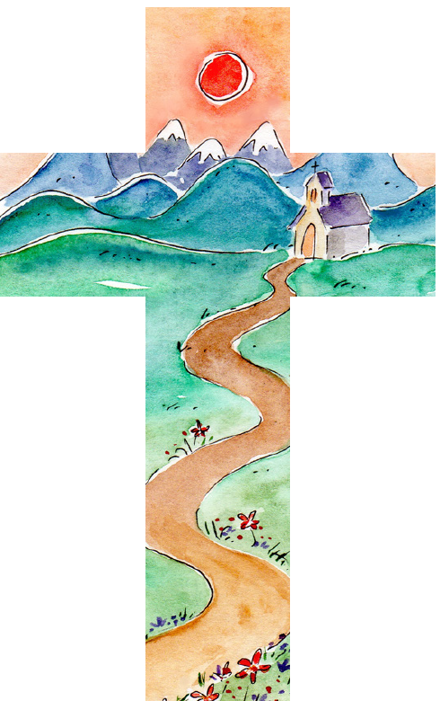 Croix en bois - Chemin/Eglise/Soleil (90x150mm)