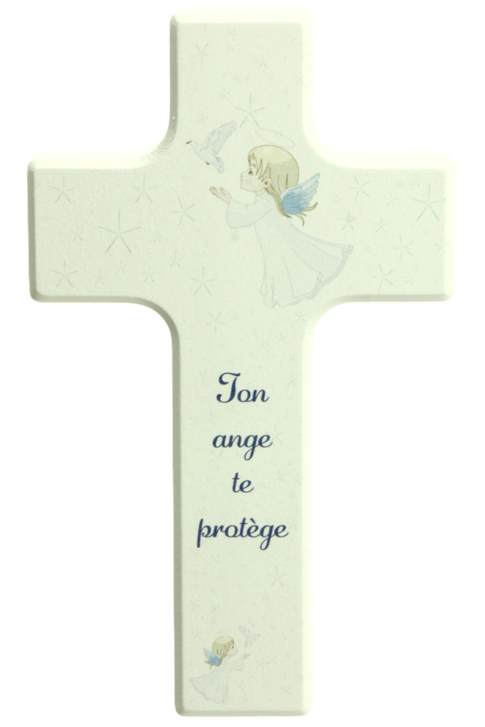 Kinderkruis hout/wit - 'Ton ange te protège' (90x150mm)