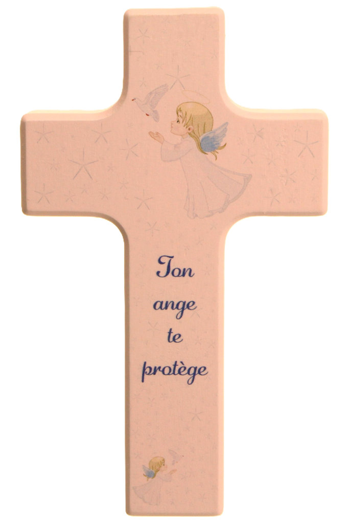 Croix enfant bois/rose - 'Ton ange te protège' (90x150mm)