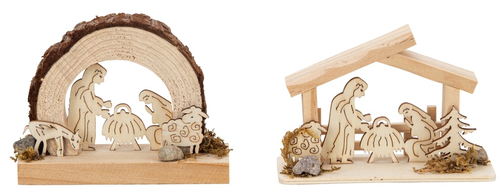 Holzkrippe mit Holzkrippenfiguren - sortiert (9x12cm)
