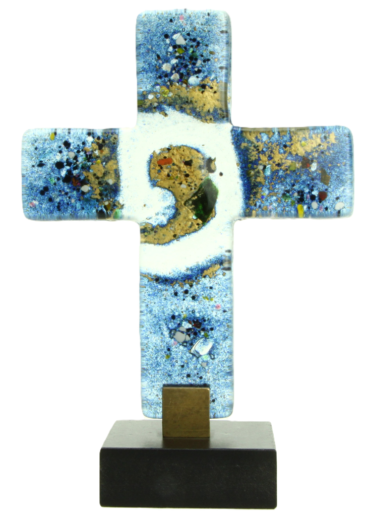 Croix en verre/bleue - soccle en bois (10x12cm)