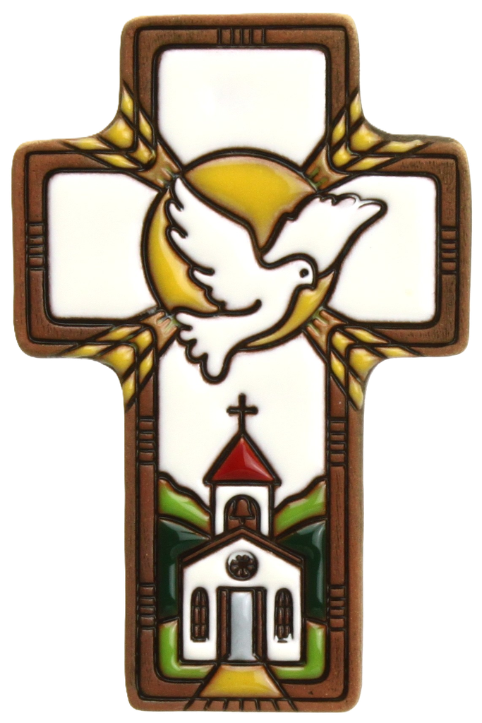 Croix ceramique 'Colombe/Epi/Eglise' - blanche (7x11cm)