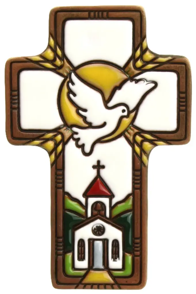 Kruisbeeld 'Duif/kerk/aren' - keramiek/wit (7x11cm)