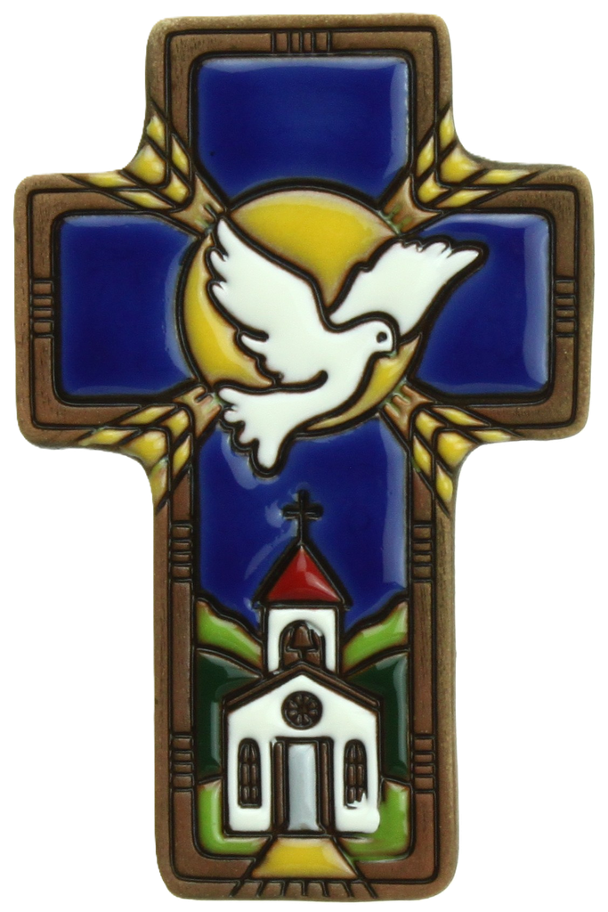 Kruisbeeld 'Duif/kerk/aren' - keramiek/blauw (7x11cm)