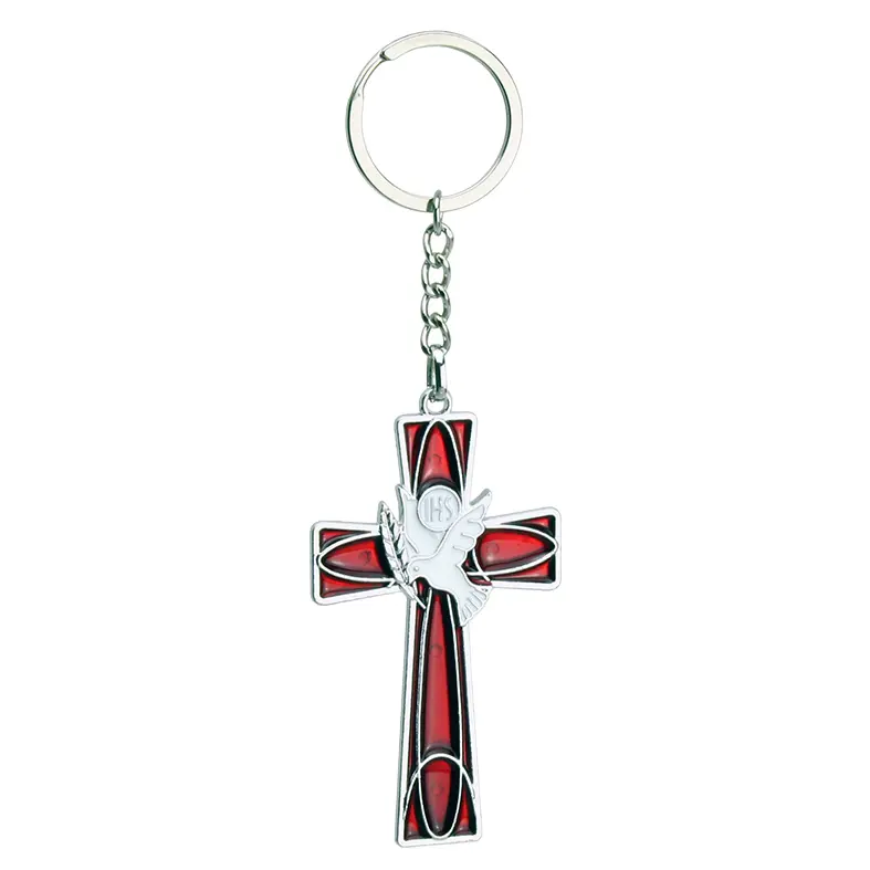 Porte-clef Croix/colombe inox-blanche (35x60mm)