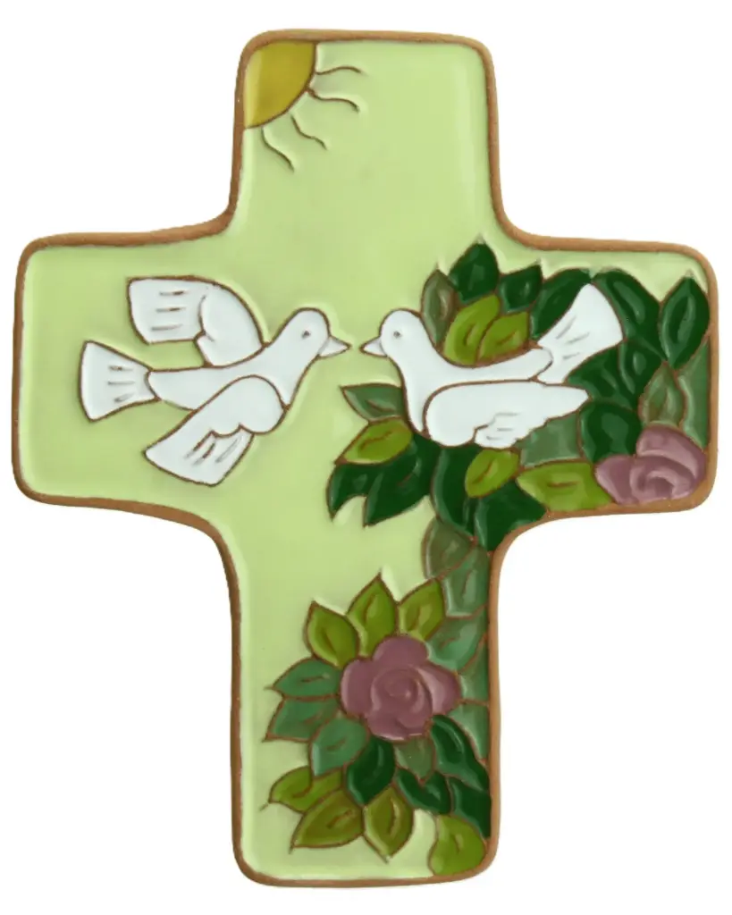 Ceramic cross - 2 Pigeons - green-yellow (95x120mm)