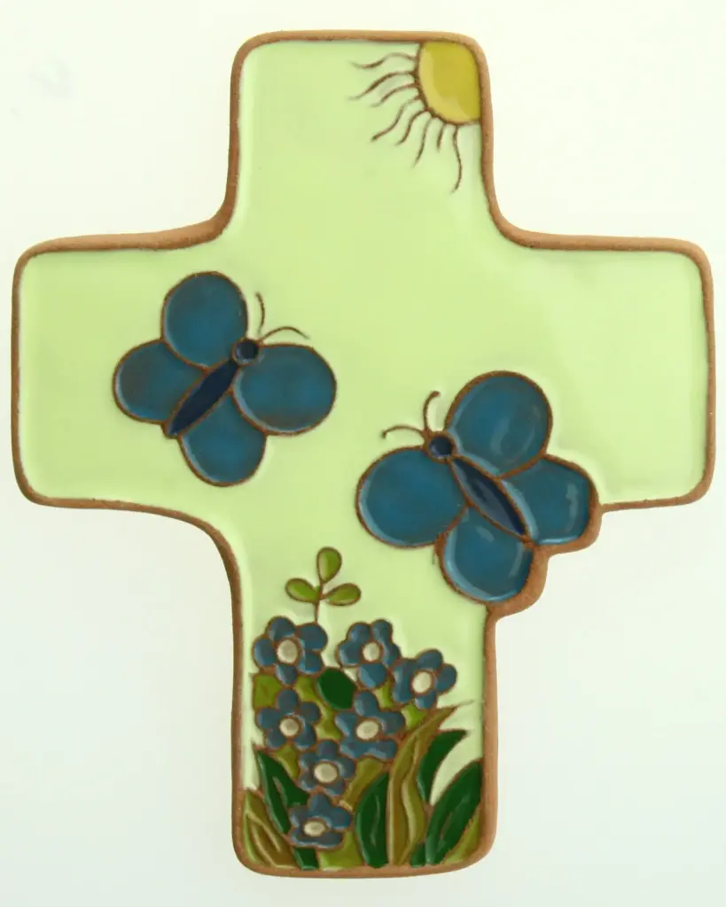 Ceramic cross - Butterflys - green-yellow (95x120mm)