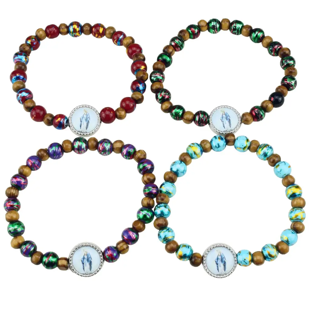 Bracelet enfant - élastique/bois + verre/assorti - Vierge