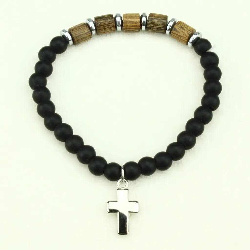 Bracelet - elastic/wood + black glass pearl