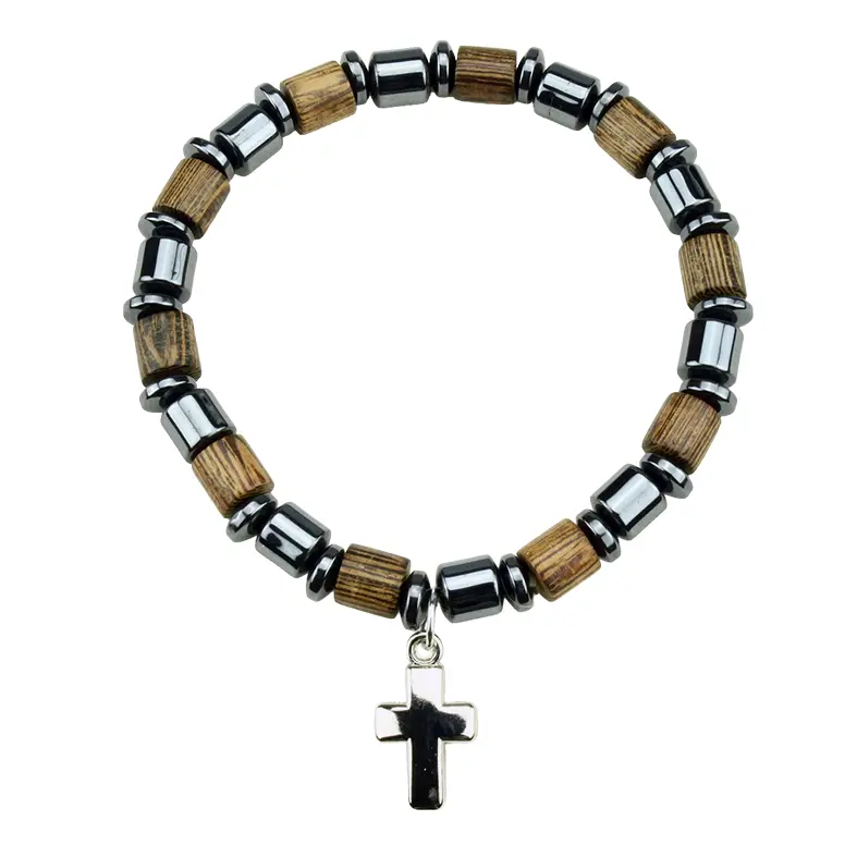 Bracelet - elastic/wood + hematite pearl