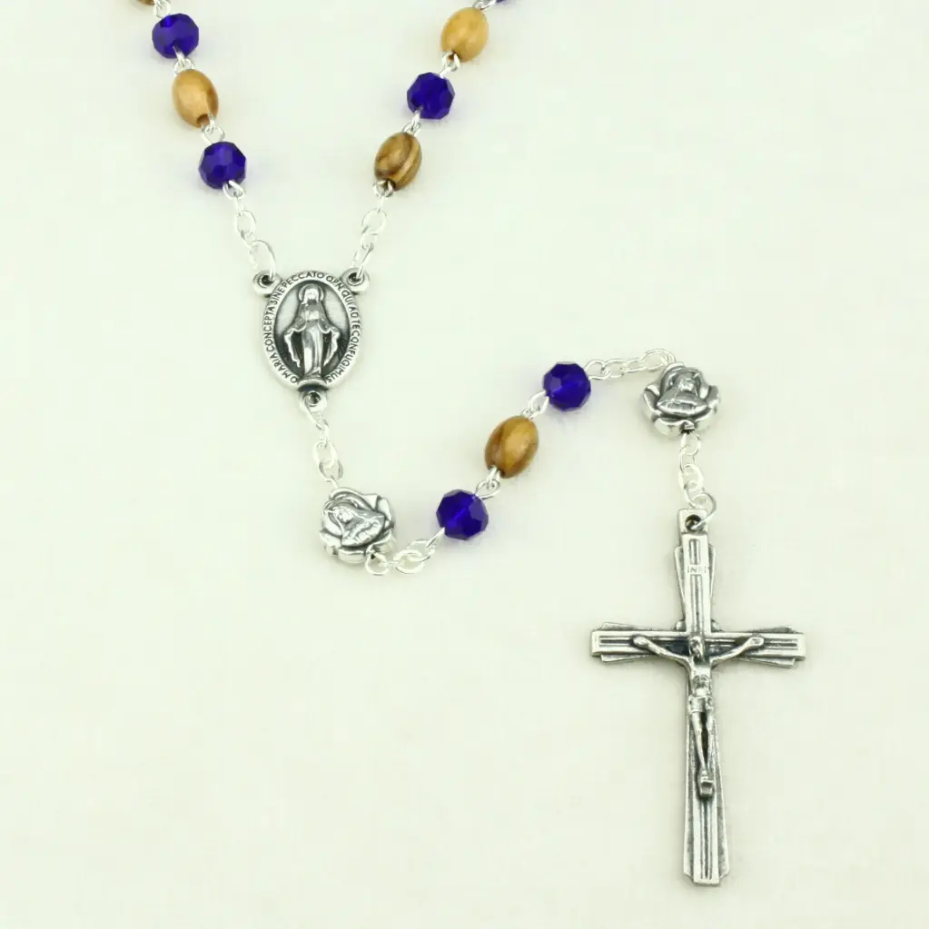 Rosary - pearl glass blue/olive wood - OF=rose (⌀6mm)