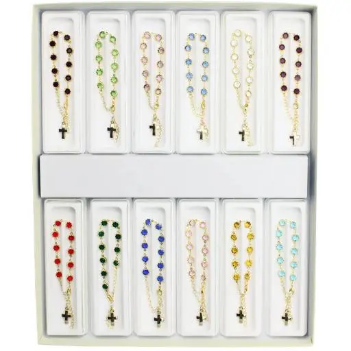 Display met 12 Armbanden/verguld - imitatie kristal/≠kleuren