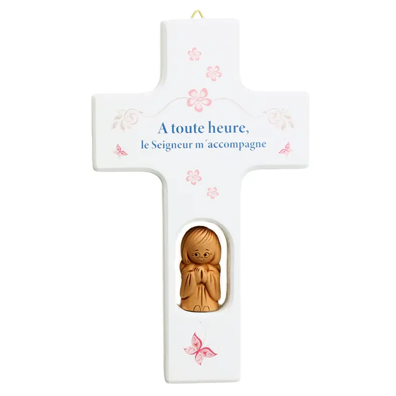 Holzkreuz/Engel - 'A toute heure...' - weiss (90x150mm)