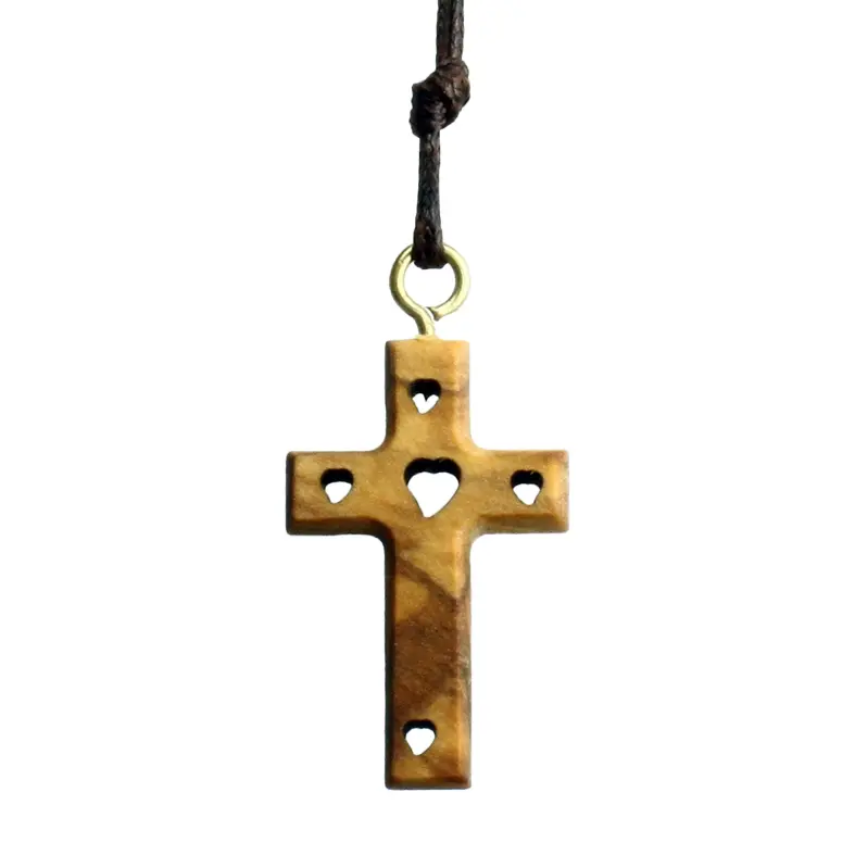 Kreuz mit Kordel - Herz/geschnit - Olivenholz (20x30mm)