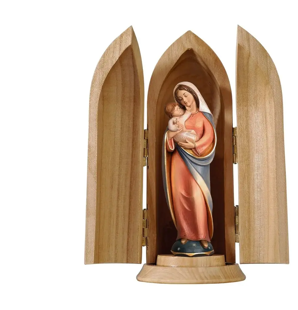 Niche + Vierge et enfant - bois sculpt/couleur - 10cm/14cm