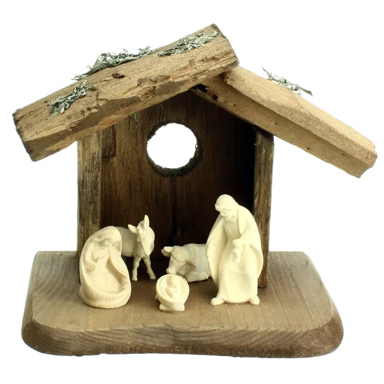 Stable with H.Family/och/donkey - 6cm/wood/Natur (160x145x115mm)